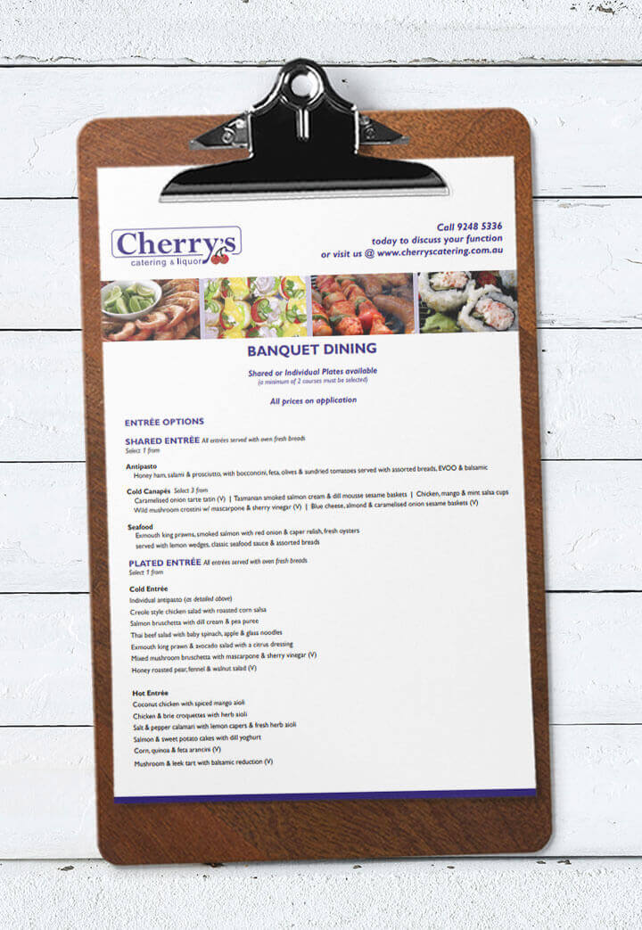Wedding Catering Banquet Dining Menu on clipboard from Cherry's Catering