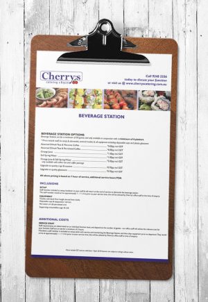 Cherry's Catering 2018 Beverage Station catering menu on clipboard
