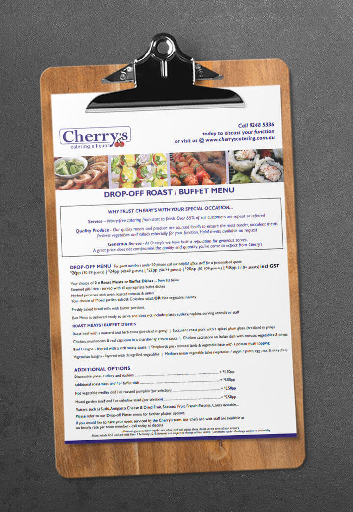 Cherry's Catering drop-off roast / buffet catering menu