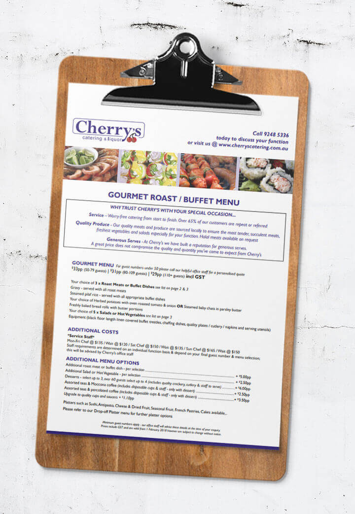 Wedding Catering Gourmet Roast and Buffet Menu on clipboard from Cherry's Catering