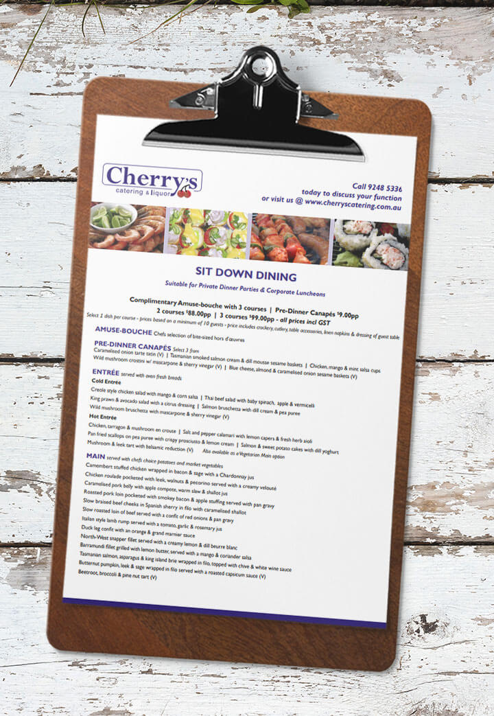 Corporate Catering Sit Down Dining Menu on clipboard from Cherry's Catering